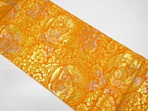 服部織物製　こはく錦鳳凰に花唐草模様織出し袋帯